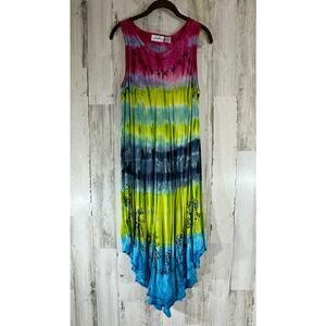 J‎ Gee Tank Midi Dress One Size Multicolor Rainbow Tie Dye Gauzy Embroidered